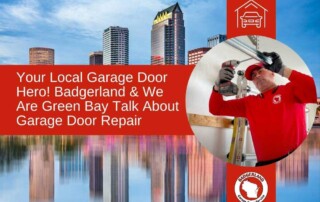 A technician in a red uniform repairs a garage door in Green Bay, with a city skyline in the background.| Badgerland Garage Door Service – Green Bay Garage Door Repair