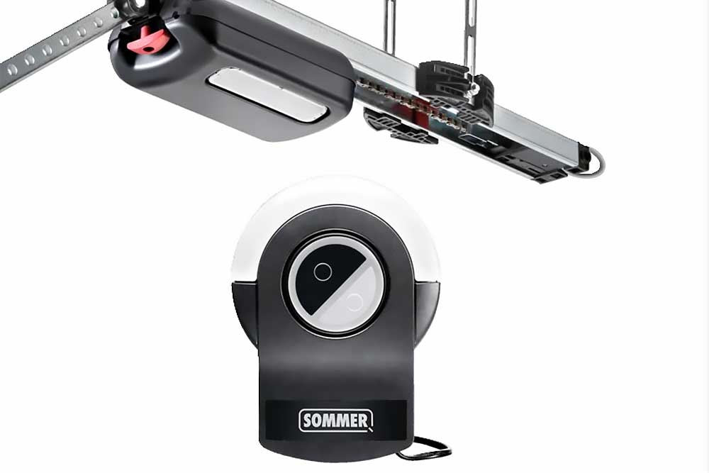 A black and white garage door opener system, ideal for Green Bay garage door repair, is shown against a plain background.| Badgerland Garage Door Service – Green Bay Garage Door Repair