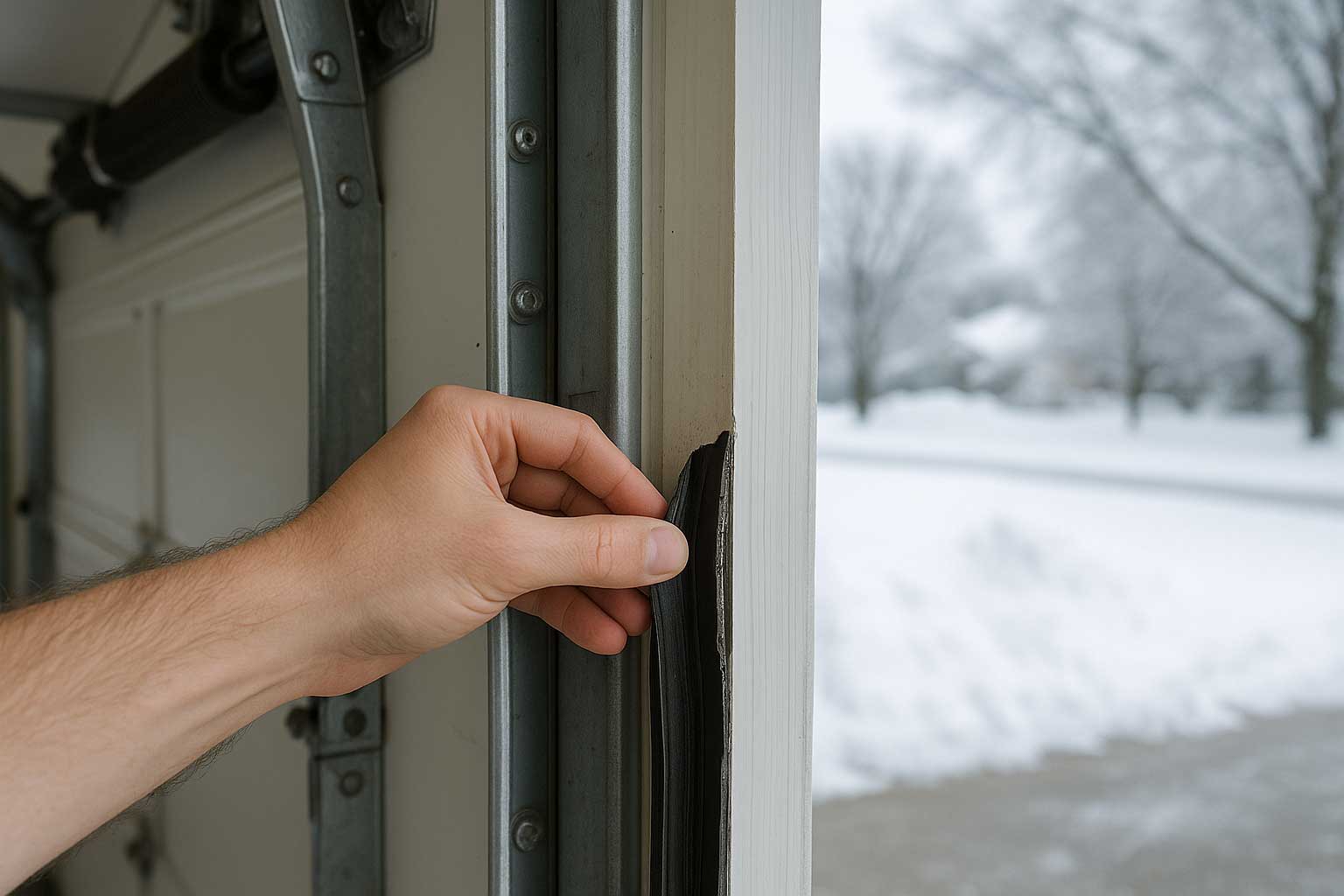 Hand checking worn garage door weather stripping during winter in Green Bay to prevent drafts and heat loss.