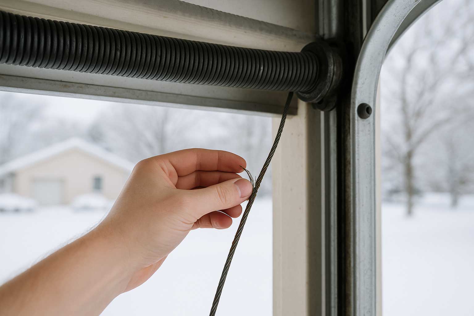 Close-up of a hand holding frayed garage door cable near spring showing winter wear and needed maintenance.