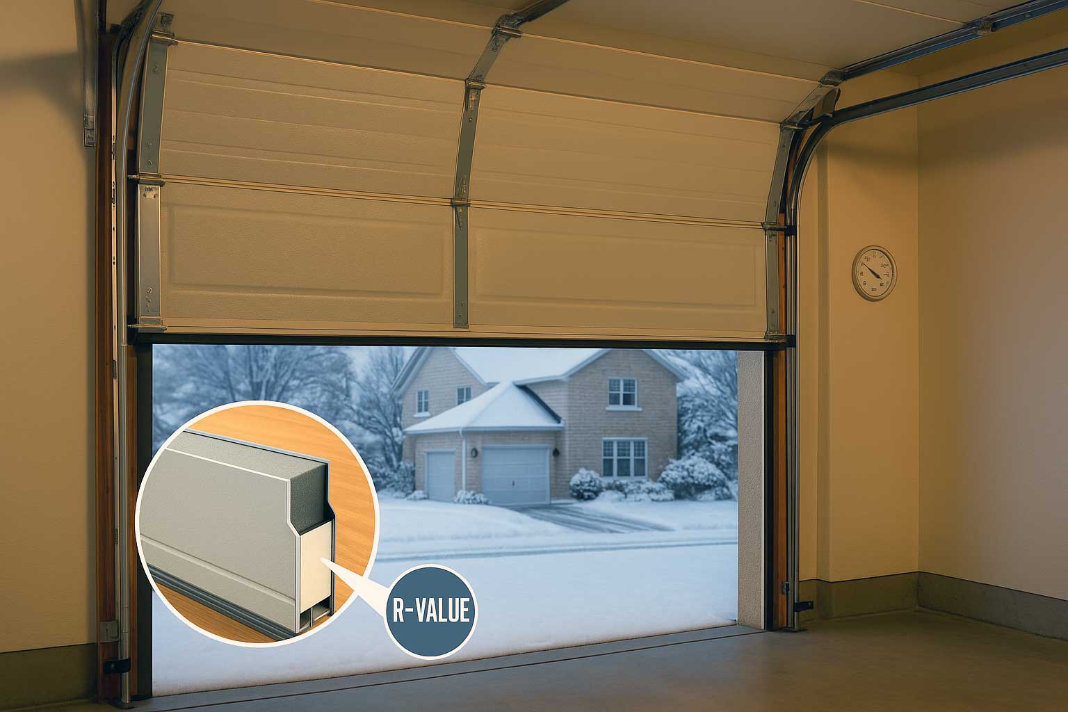 Insulated garage door with high R-value helping Green Bay and Appleton homeowners stay warm during winter.
