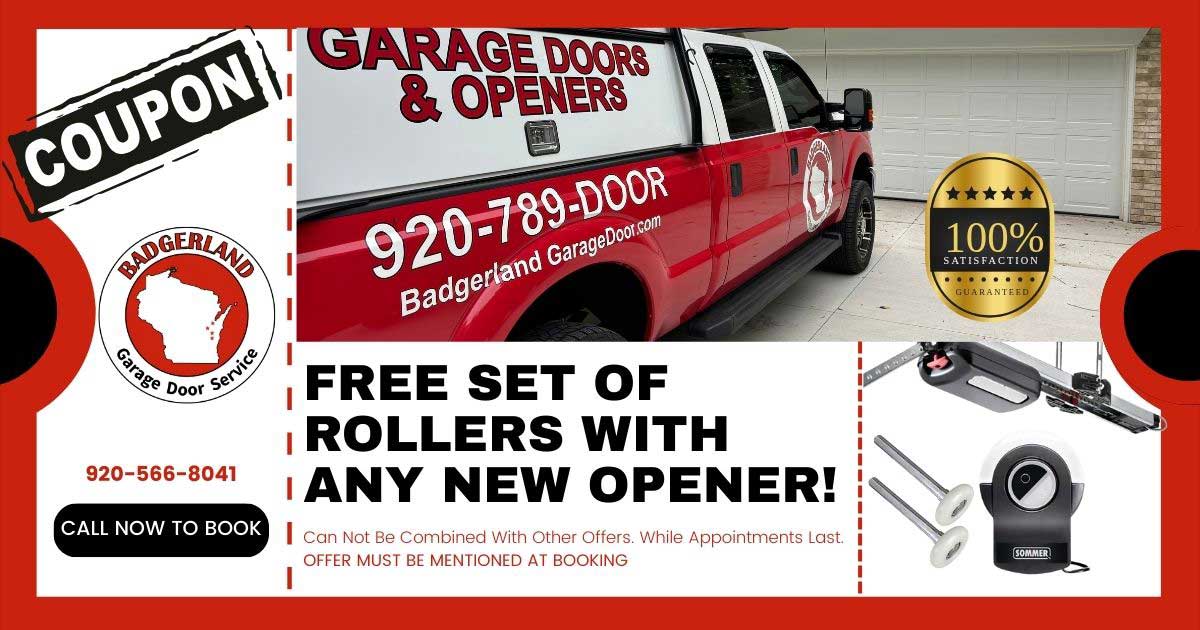 Red truck with "Badgerland Garage Door Repair" parked in front of a white garage in Green Bay.| Badgerland Garage Door Service – Green Bay Garage Door Repair