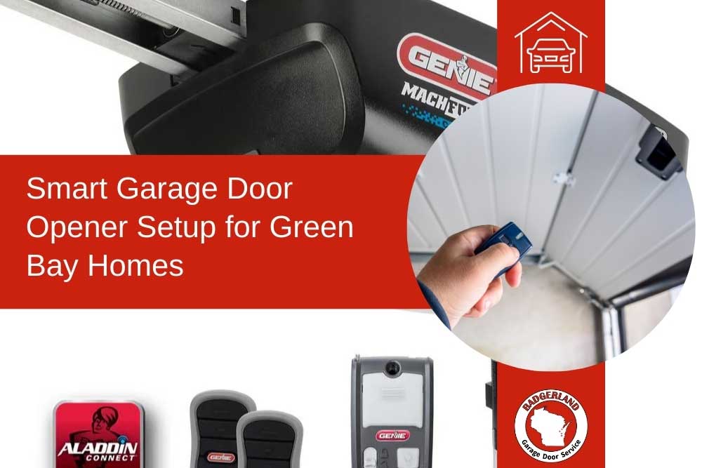 Smart Genie garage door opener setup advertisement for Green Bay homes by Badgerland Garage Door Service, showing devices.